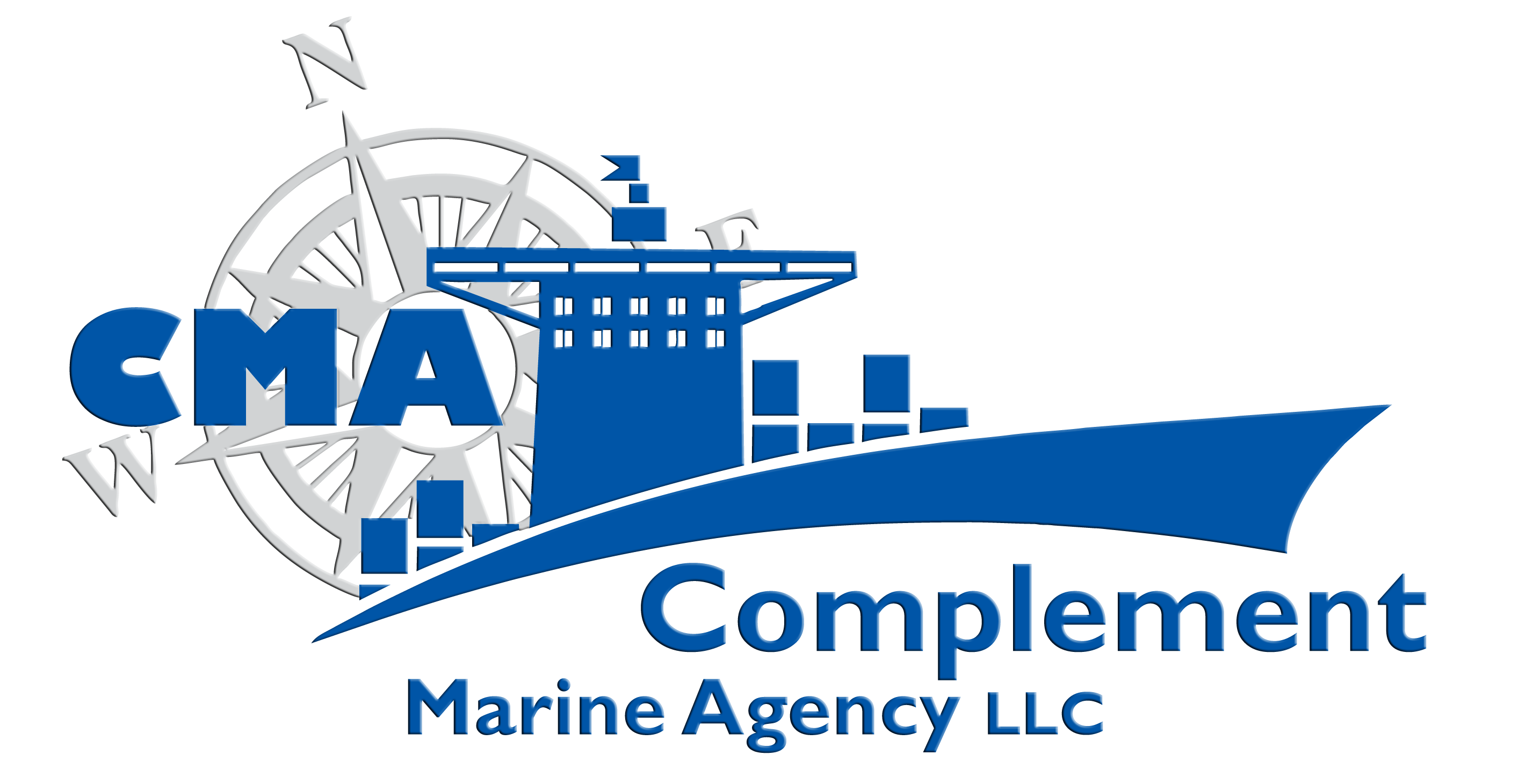 Complement Marine Agency logo full: a blue abstract boat in the foreground and a gray compass in the background, with the words 'Complement Marine Agency LLC' underneath.