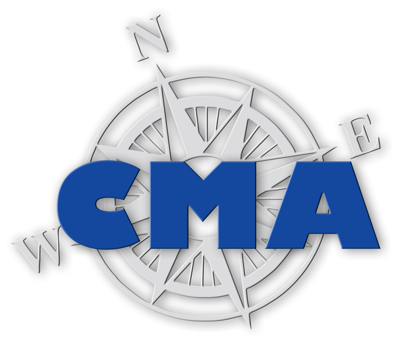 Complement Marine Agency compass logo: a gray compass in the background, with the bold, blue letters 'CMA' in the foreground.